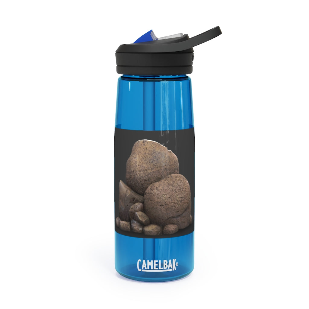 Rocks CamelBak Eddy® Water Bottle in 20oz and 25oz sizes, showcasing its durable Tritan™ material and spill-proof design.
